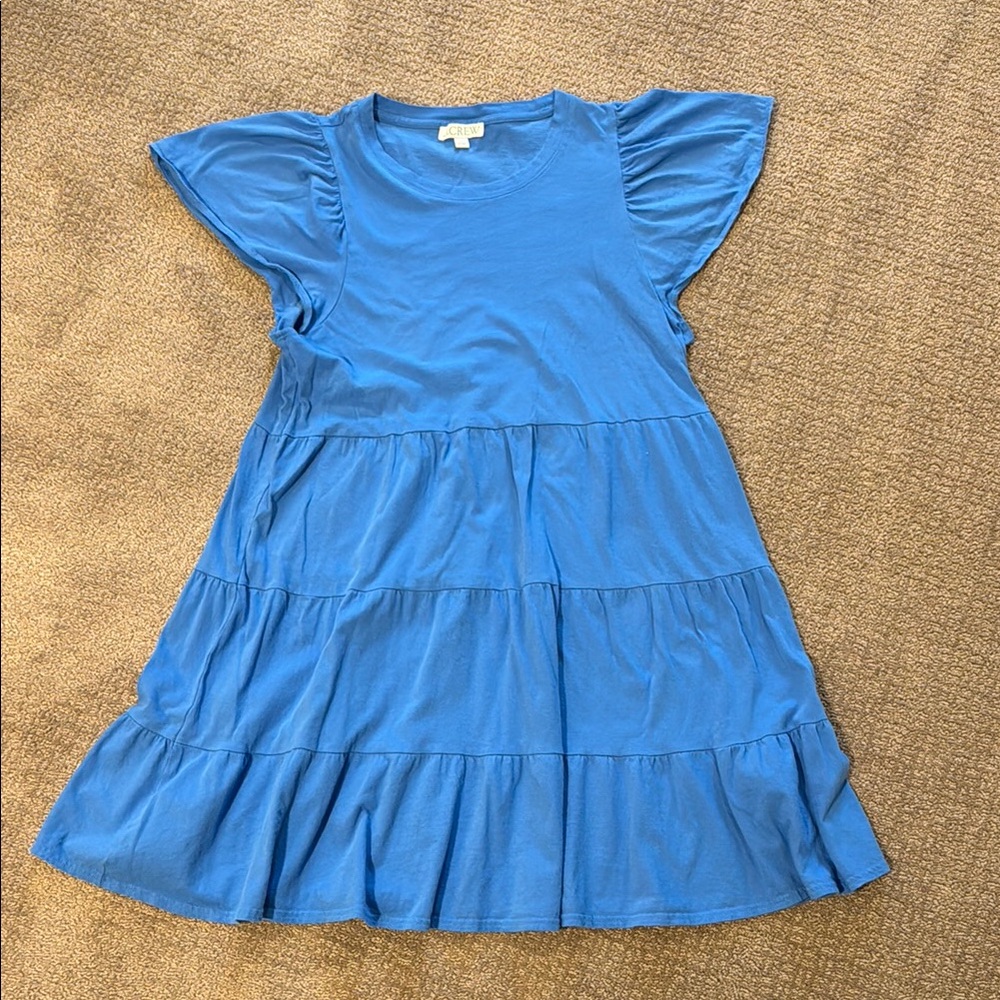 J. Crew Blue Knee-length Tiered Dress with Flutter Sleeves
